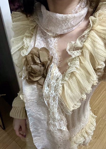 Diy Beige Asymmetrical Patchwork Flower Decorated Knit Jackets Fall