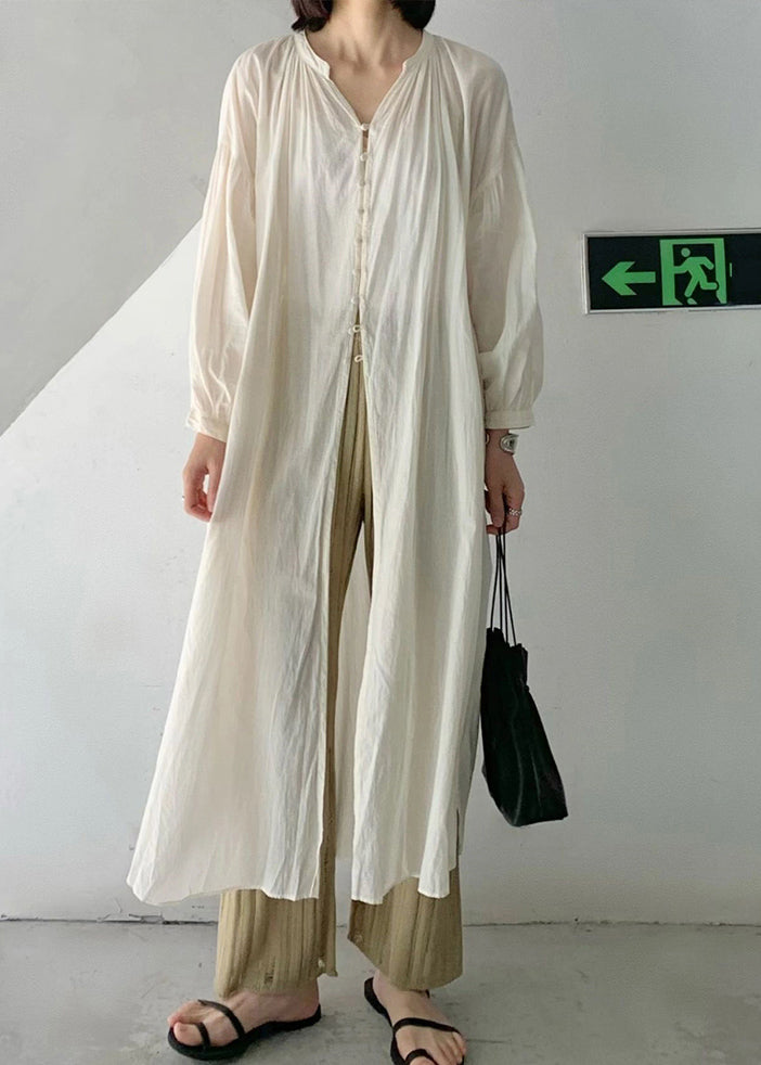 Loose Beige O-neck Button Long Upf 50+ Coat Long Sleeve