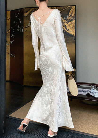 French Champagne Print Flattering Maxi Dress Spring