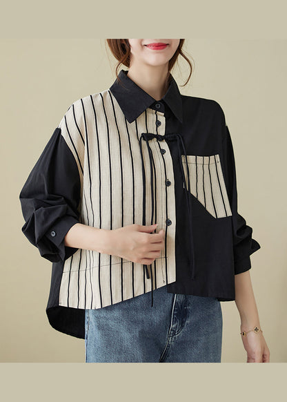 Colorblock Striped Tasseled Patchwork Cotton Shirt Top Fall