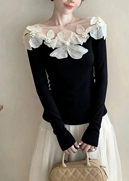 Stylish Black Slash Neck Nail Bead Knit Tops Spring