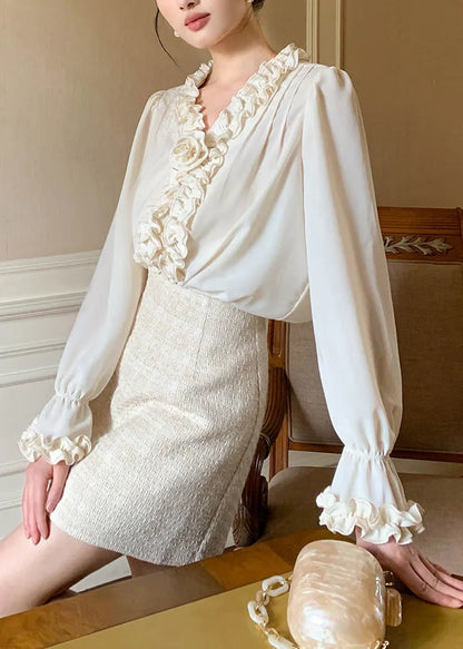 Art Apricot Ruffled Chiffon Shirt Petal Sleeve