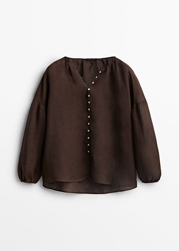 Chocolate V Neck Patchwork Low High Design Shirts Lantern Sleeve