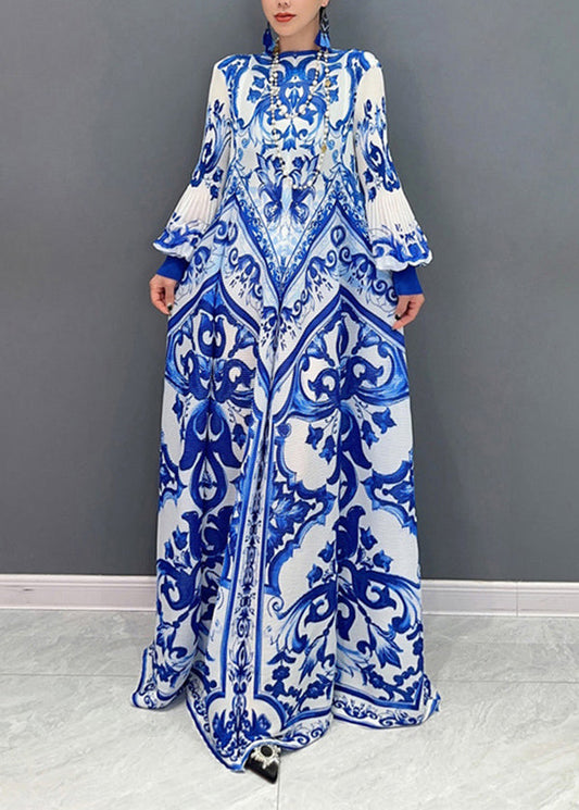 Fall New Blue and White Porcelain Print Chiffon Pleated Long Dress
