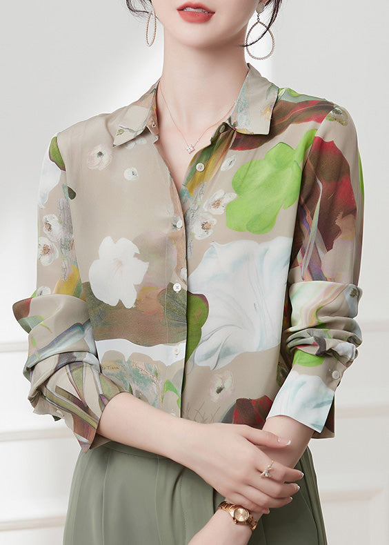 Peter Pan Collar Print Button Silk Shirts Spring