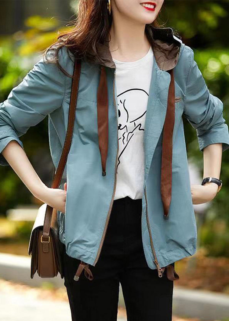 Blue Hooded Zippered Pockets Cotton Coat Fall