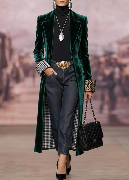 Green Peter Pan Collar Pockets Velvet Coat Spring