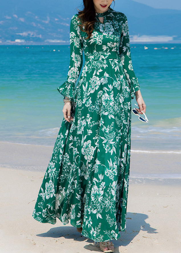 Slim Fit Green Turtleneck Print Chiffon Long Beach a Line Dresses Spring