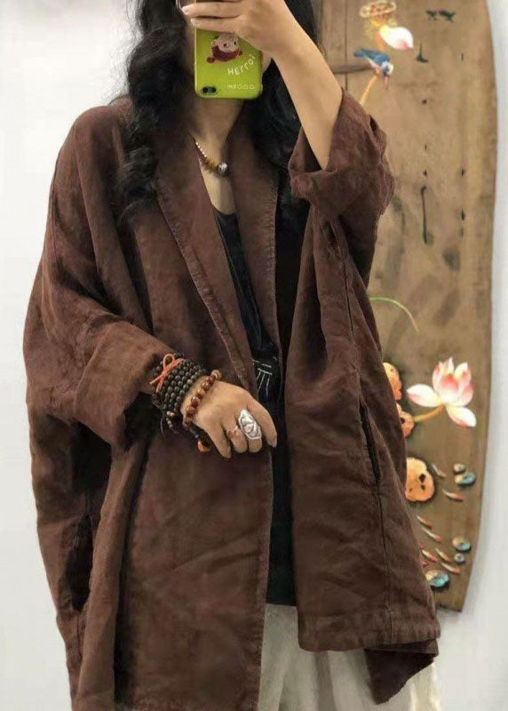 Loose Chocolate Pocket Peter Pan Collar Linen Coats Long Sleeve Fall