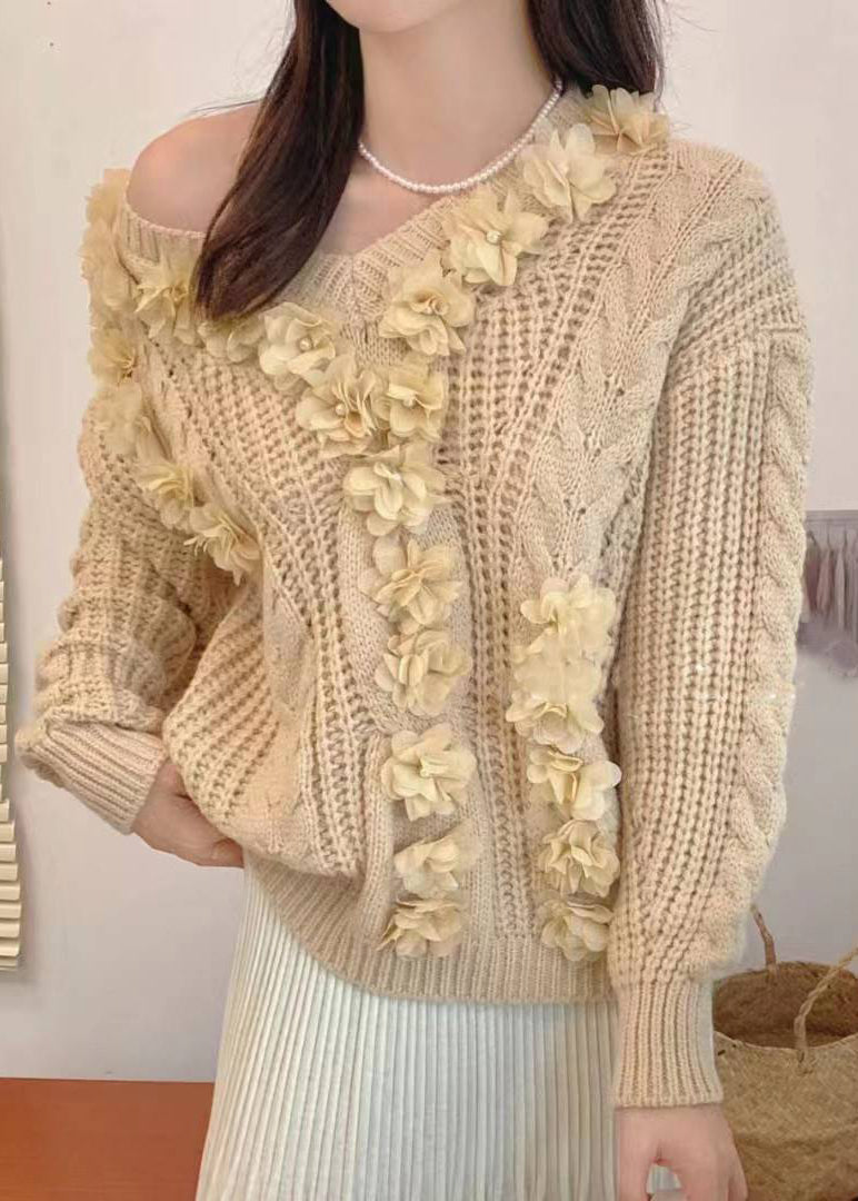 Pink V Neck Cotton Knit Sweater Long Sleeve