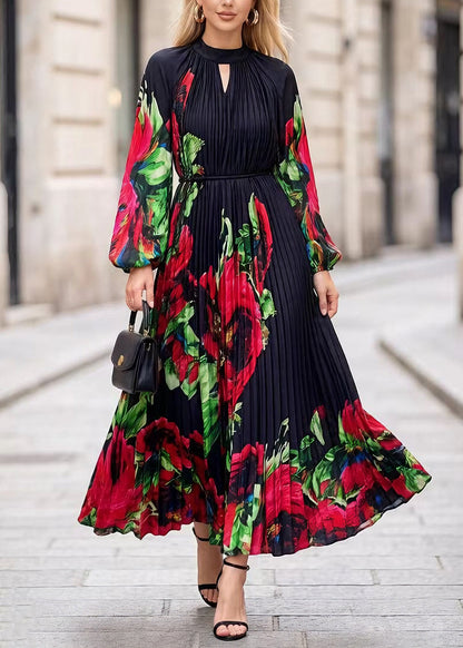 Classy Black O Neck Print Chiffon Exra Large Hem Dress Spring
