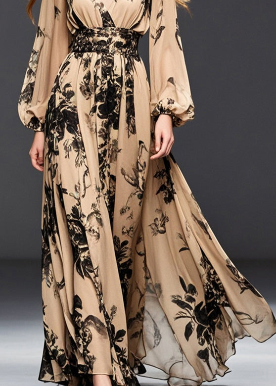 Khaki Cinched Print Chiffon Dresses Fall