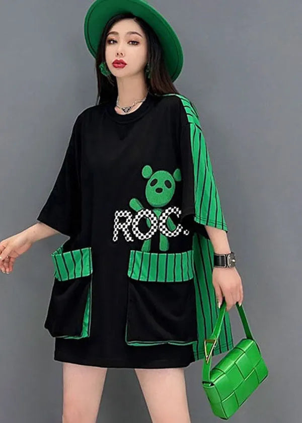 French Black O-neck Character Print Patchwork Striped Oversized Pockets Cotton Tanks Tops Short Sleeve