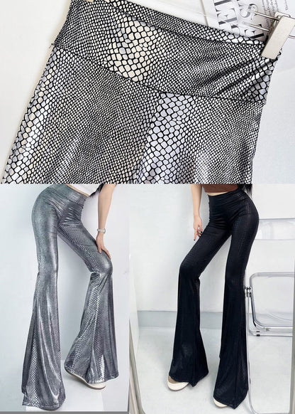 Silvery Snakeskin Pattern Tummy Control Flared Trousers Fall