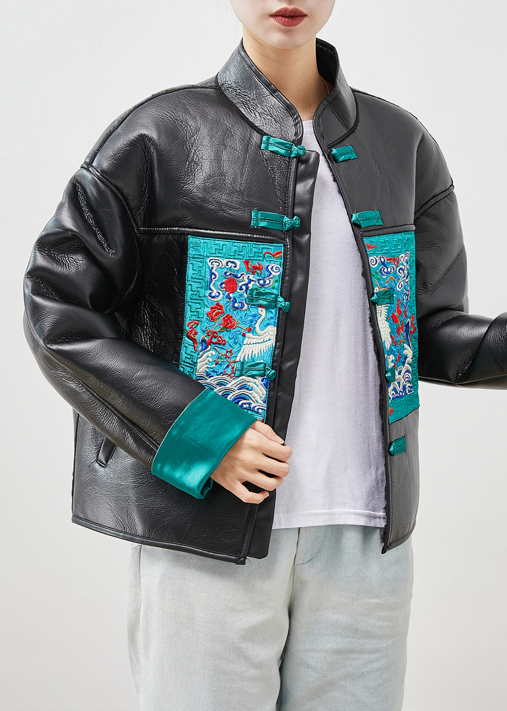 Black Embroideried Patchwork Warm Fleece Faux Leather Jackets Winter