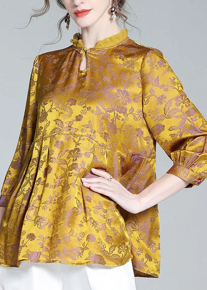 Gold Stand Collar Print Button Silk Tops Long Sleeve