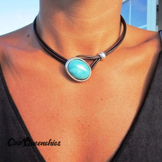 Leather Turquoise Choker Necklace