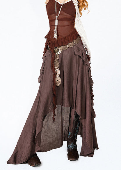 Chocolate Ruffled Patchwork a Line Skirt Summer