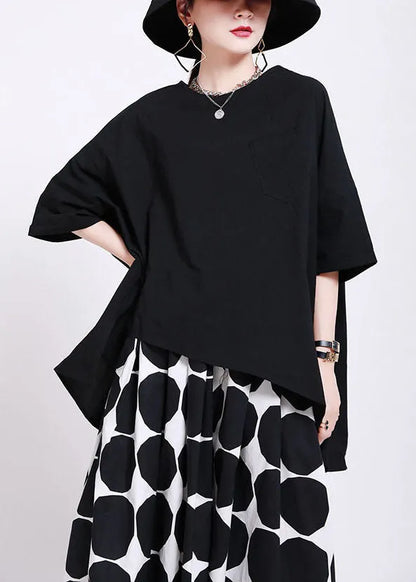 Classy Black O-neck Oversized Side Open Cotton Blouses Batwing Sleeve