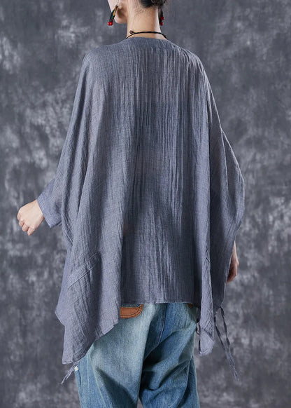 Grey Oversized Linen Blouses Batwing Sleeve