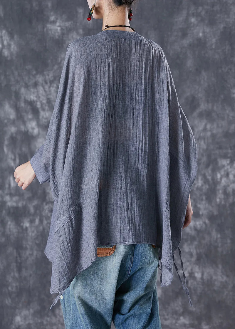 Grey Oversized Linen Blouses Batwing Sleeve