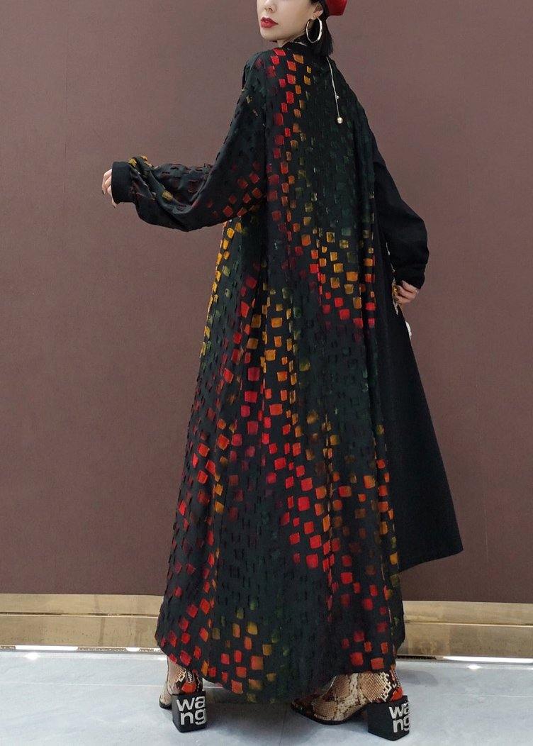 Style Plaid Tunic O Neck Dragon Design Robes Spring Dresses