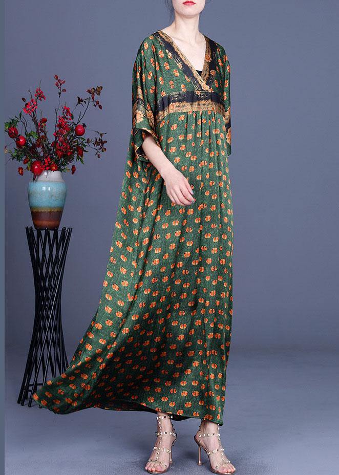 Green Dot Silk Patchwork V Neck Dress Summer