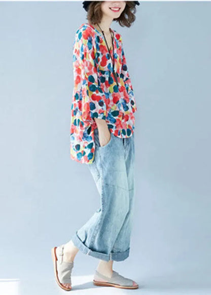 Flare Sleeve V Neck Patchwork Print Fall Blouse Tops