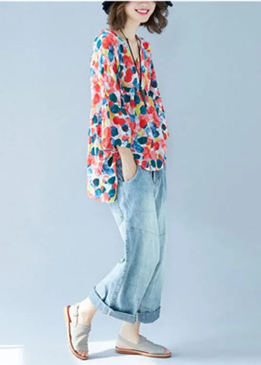 Flare Sleeve V Neck Patchwork Print Fall Blouse Tops