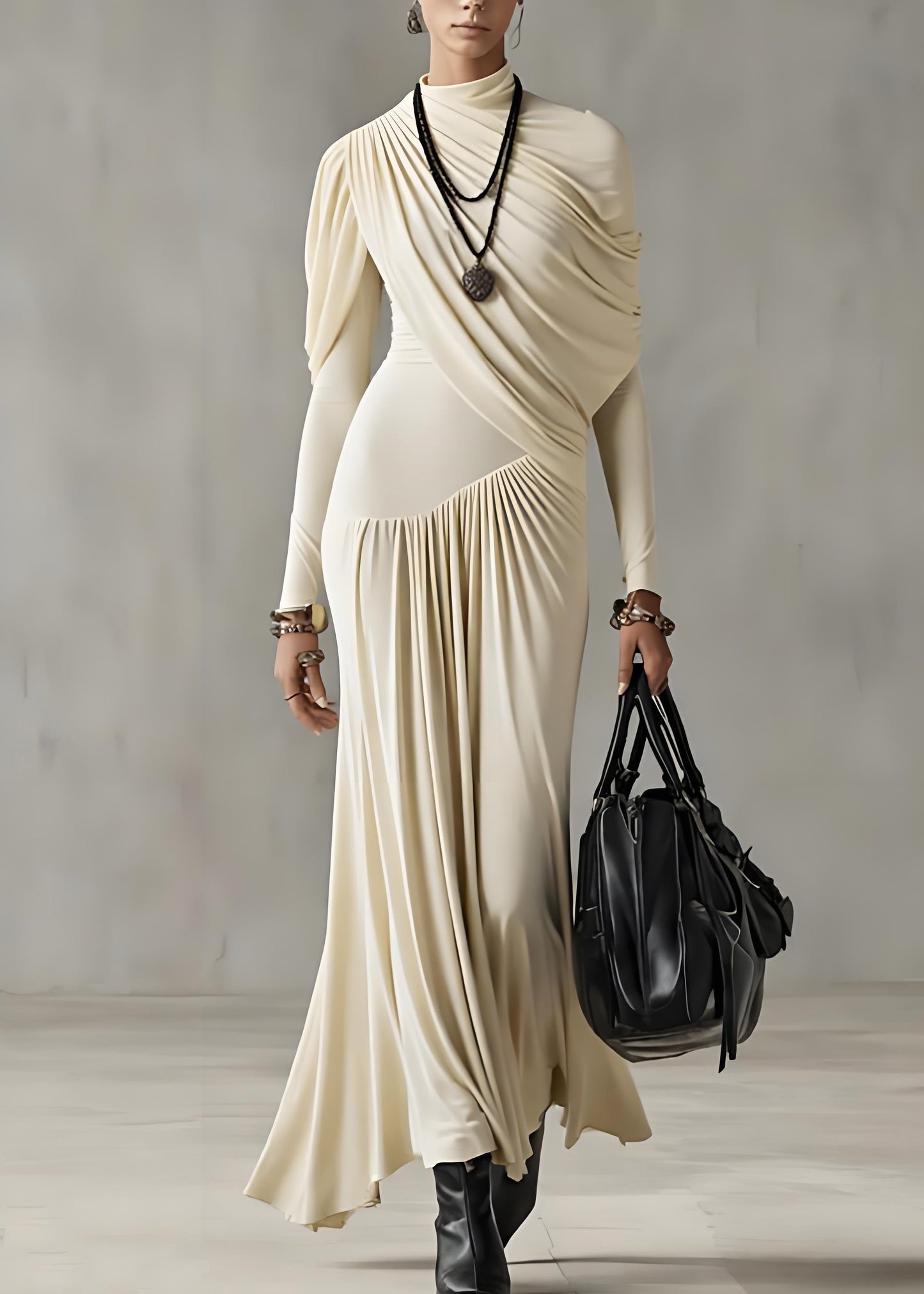 Slim Fit Apricot Wrinkled Cotton Long Dresses Spring