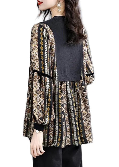 Black O-neck Patchwork Striped Print Shirt Tops Long Sleeve
