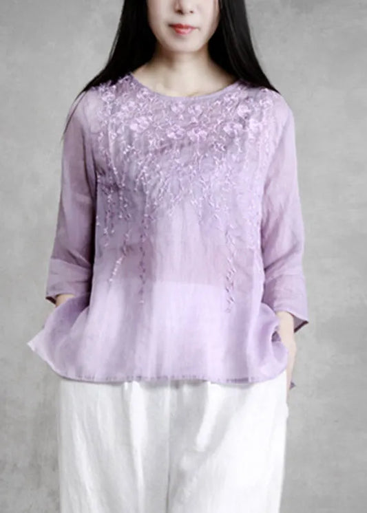 Boutique Violet O-neck Embroideried Linen Shirts Long Sleeve