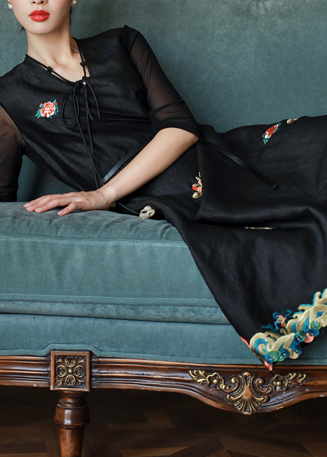 Black V Neck Embroideried Patchwork Silk Dress Summer