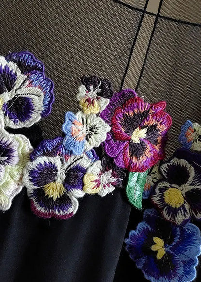 French Black O-neck Embroideried Patchwork Silk Tops Spring