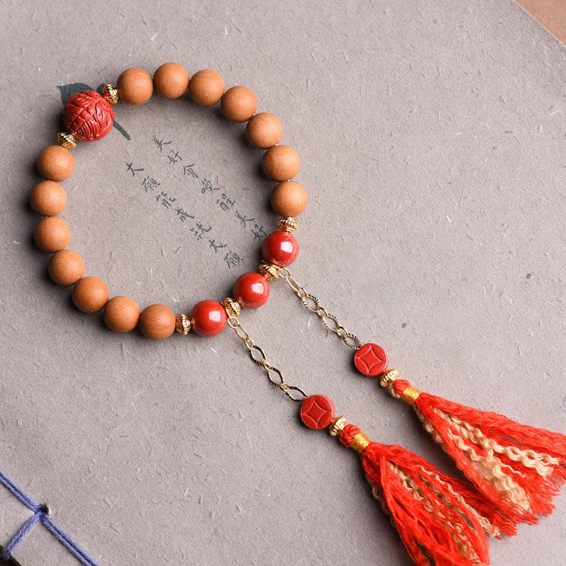 Buddha Stones Tibetan Natural Peach Wood Cinnabar Pixiu Wealth Tassels Bracelet