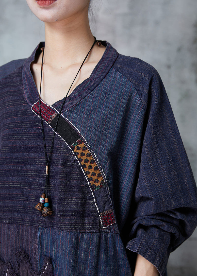 Boutique Navy Embroideried Patchwork Cotton Robe Dresses Spring