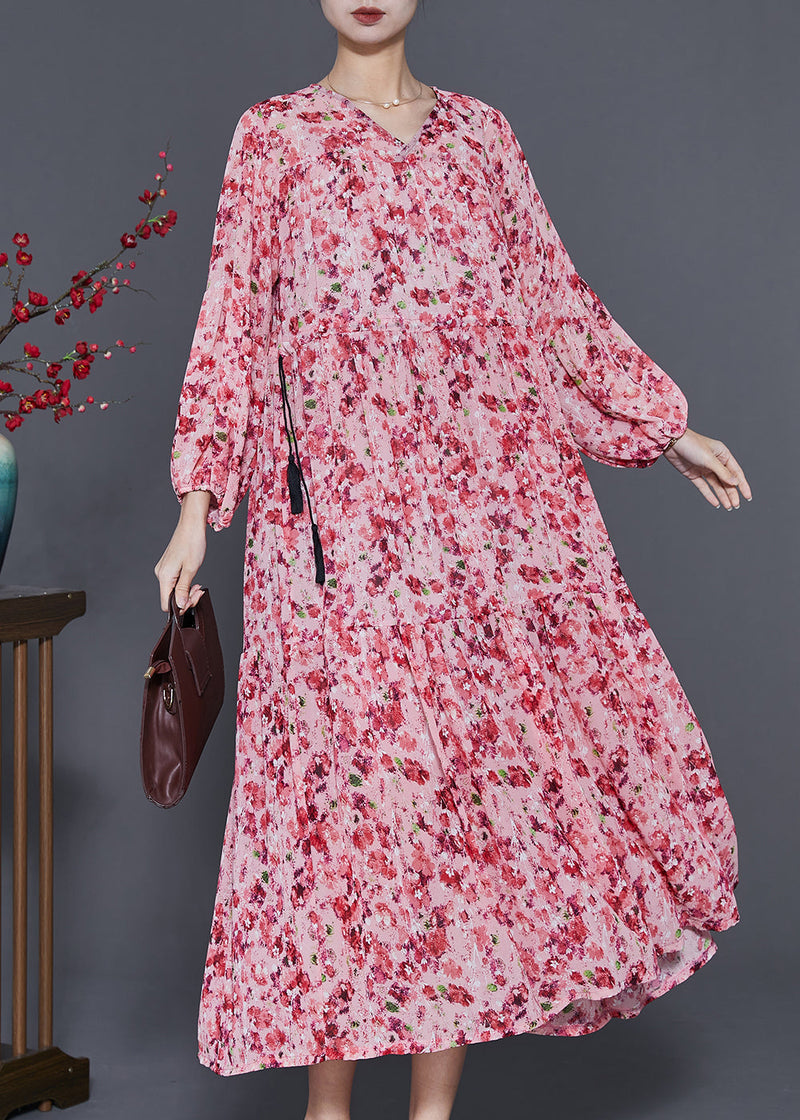 Pink Cinched Print Chiffon Holiday Dress Spring