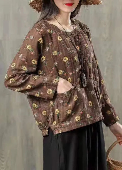 Red Print O Neck Patchwork Cotton T Shirt Top Fall