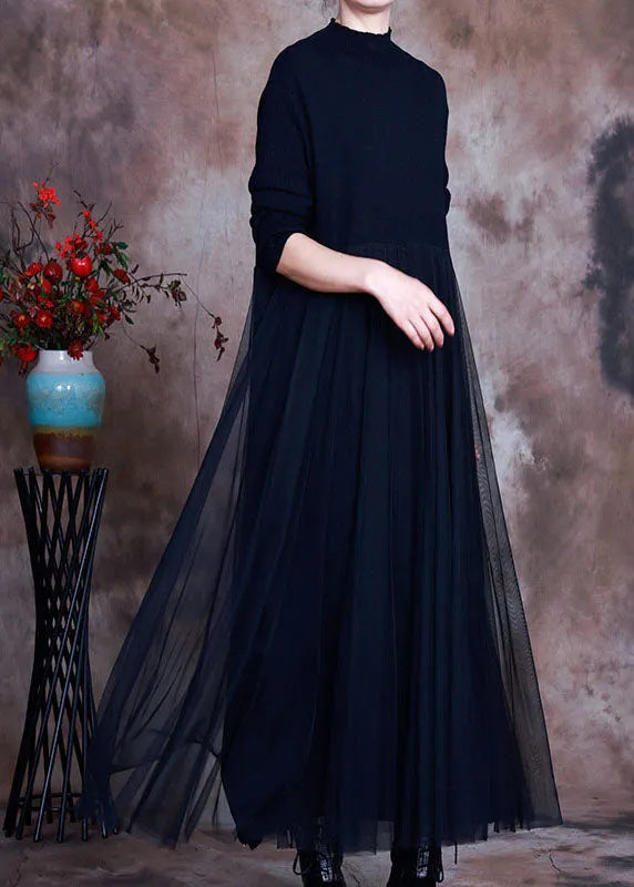 Black Tulle Patchwork Knit Dress Spring