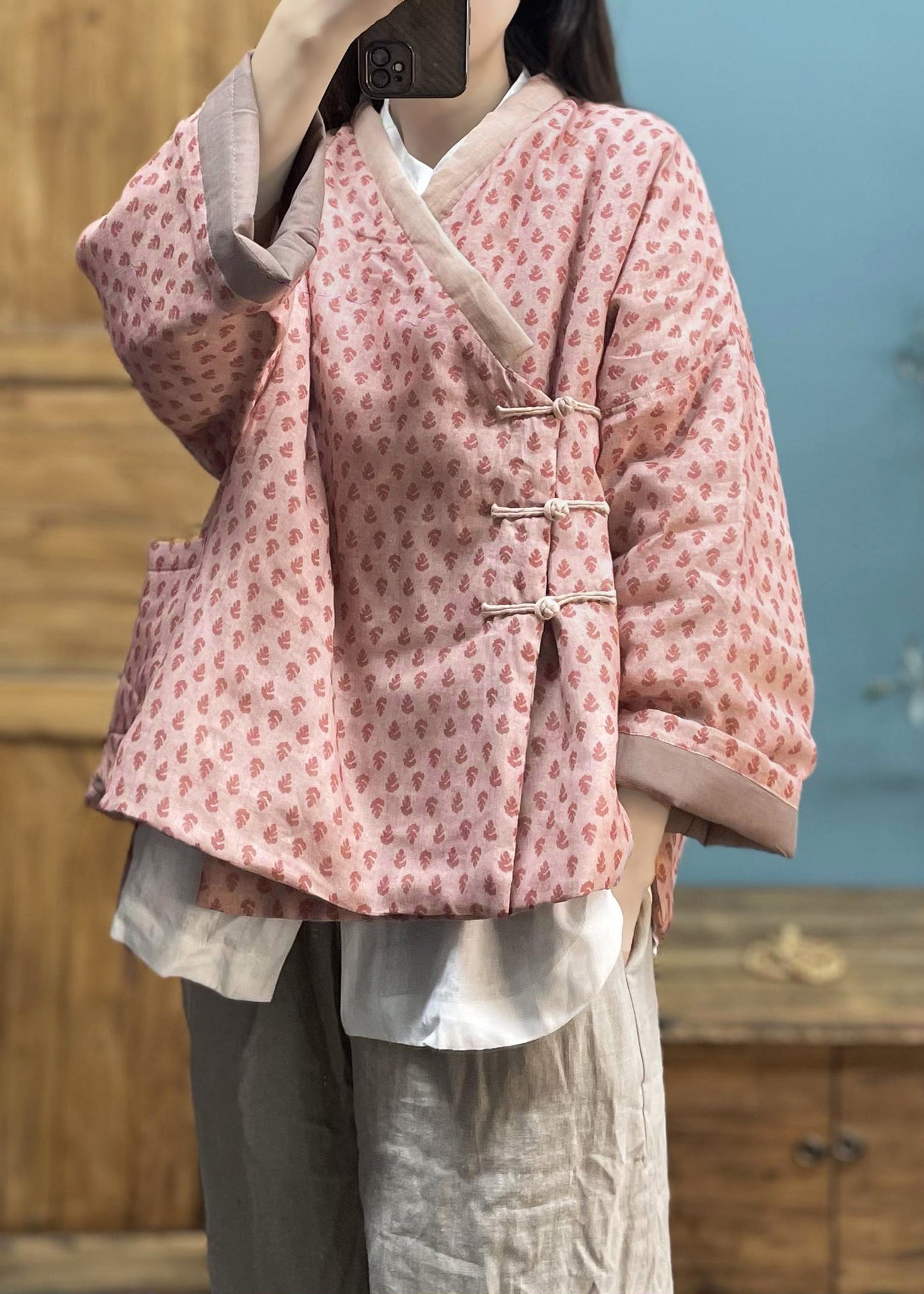 Pink Print Button Pockets Cotton Filled Coat Winter
