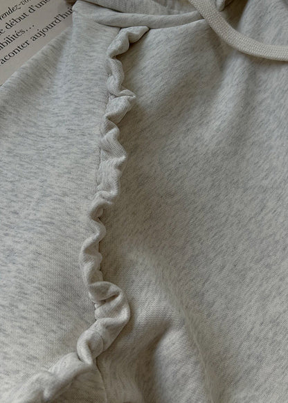 Stylish Grey Hooded Ruffled Cotton Sweatshirt Spring