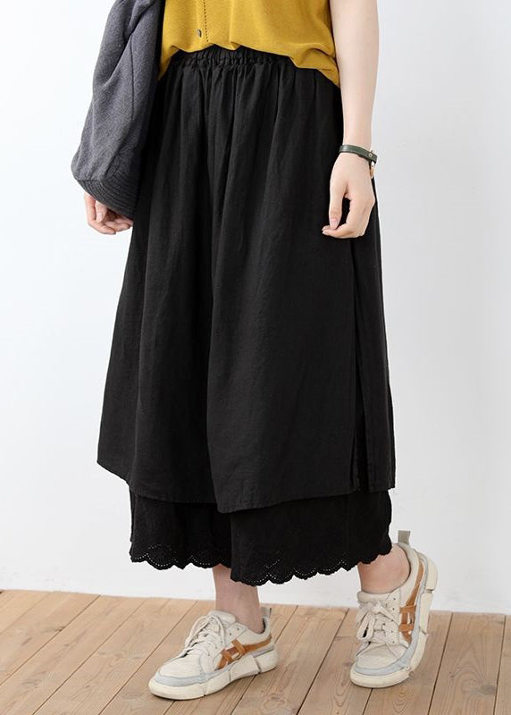 Black Lace Linen Pants Skirt Elastic Waist Summer