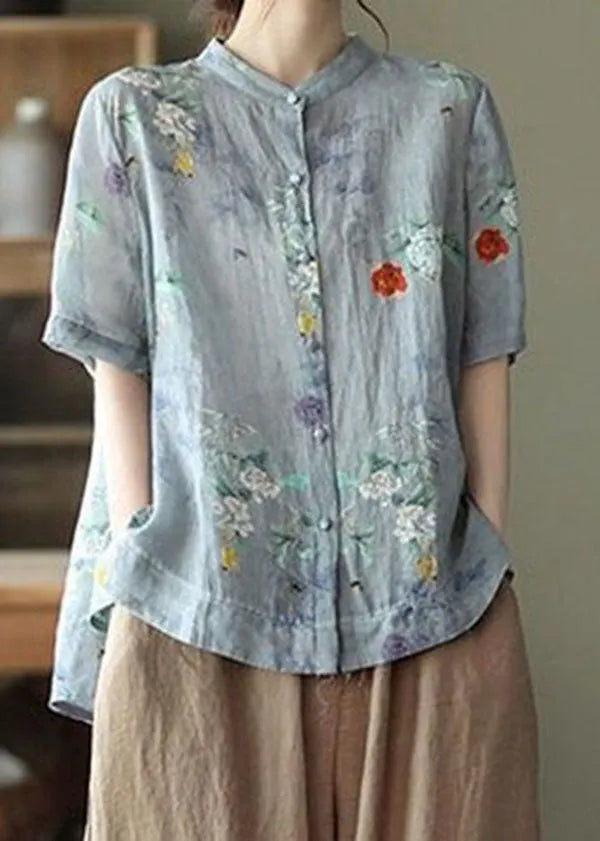 Yellow Flower Print Cotton Shirts Low High Design Short Sleeve