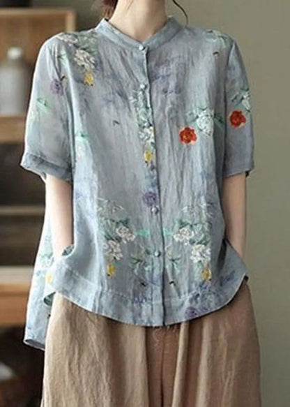 Yellow Flower Print Cotton Shirts Low High Design Short Sleeve