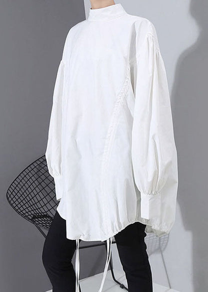 Italian White Drawstring Stand Collar Tops Puff Sleeve