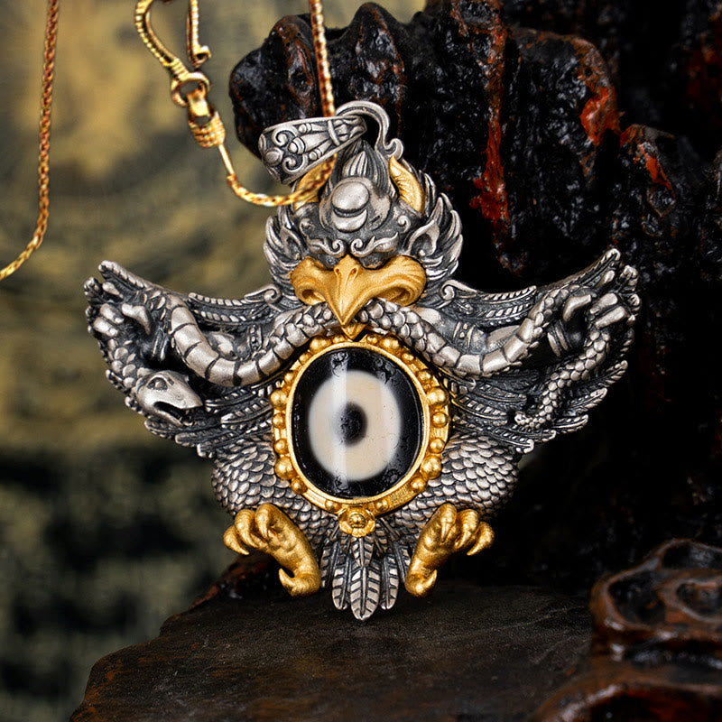 925 Sterling Silver Garuda Dzi Bead Spiritual Protection Necklace