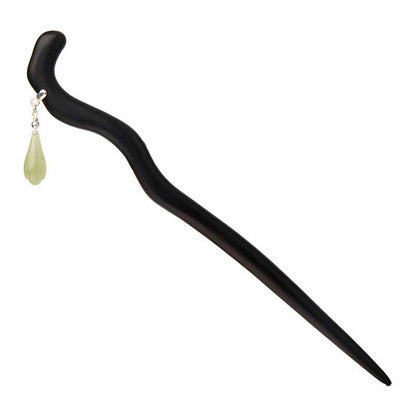925 Sterling Silver Hetian Jade Ebony Wood Chinese Hairpin for Luck & Calm