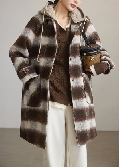 Coffee Plaid Hooded Patchwork Woolen Coats Spring