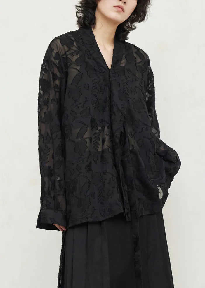 Black V Neck Tie Waist Lace Top Fall