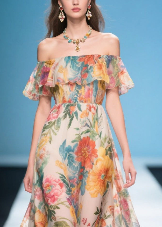 Khaki Cold Shoulder Print Chiffon Long Dress Summer